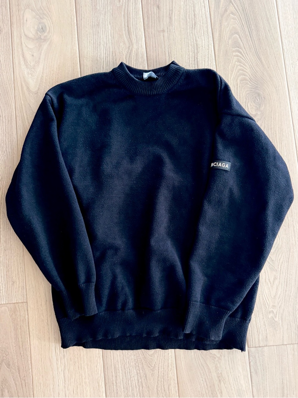 Balenciaga Logo Patch Black Knit Crewneck Sweater Unisex XL Made Italy 2021